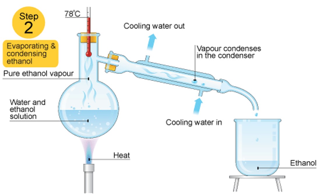 temperature reaches 78 degrees celcius, vapour condenses in a condenser, ethanol drips out into a beaker 